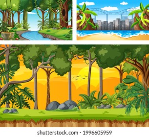 Different nature horizontal scenes illustration