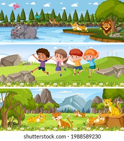 Different nature landscape at daytime scene with cartoon character illustration