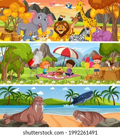 Different nature landscape at daytime scene with cartoon character illustration