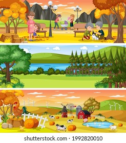 Different nature landscape at daytime scene with cartoon character illustration