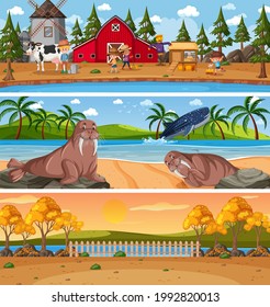 Different nature landscape at daytime scene with cartoon character illustration