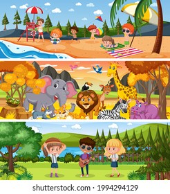 Different nature landscape at daytime scene with cartoon character illustration