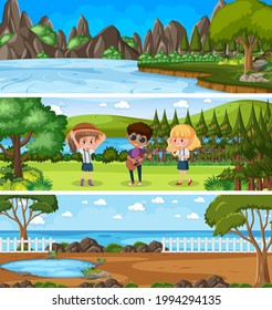 Different nature landscape at daytime scene with cartoon character illustration
