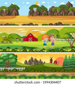 Different nature landscape at daytime scene with cartoon character illustration