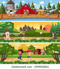 Different nature landscape at daytime scene with cartoon character illustration