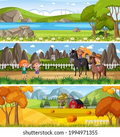 Paisaje natural diferente en la escena diurna con ilustración de caricaturas