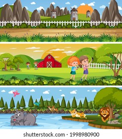 Unterschiedliche Naturlandschaften am Tag mit Cartoon-Zeichentrickgrafik