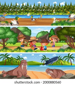 Paisaje natural diferente en la escena diurna con ilustración de caricaturas