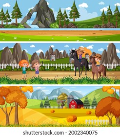 Paisaje natural diferente en la escena diurna con ilustración de caricaturas