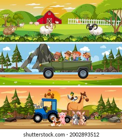 Different nature landscape at daytime scene with cartoon character illustration