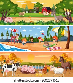 Different nature landscape at daytime scene with cartoon character illustration