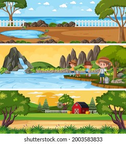 Different nature landscape at daytime scene with cartoon character illustration