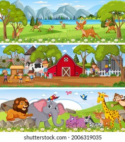 Different nature landscape at daytime scene with cartoon character illustration