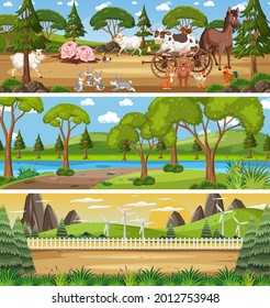 Paisaje natural diferente en la escena diurna con ilustración de caricaturas