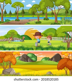 Different nature landscape at daytime scene with cartoon character illustration
