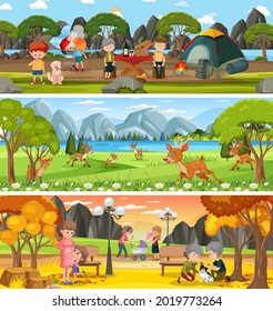 Different nature landscape at daytime scene with cartoon character illustration