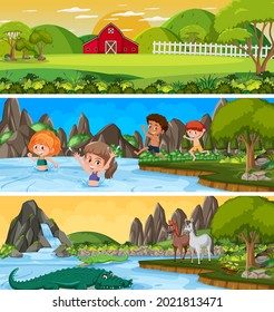 Different nature landscape at daytime scene with cartoon character illustration