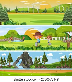 Different nature landscape at daytime scene with cartoon character illustration