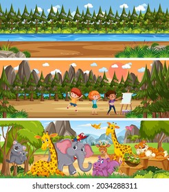 Paisaje natural diferente en la escena diurna con ilustración de caricaturas
