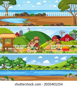 Different nature landscape at daytime scene with cartoon character illustration