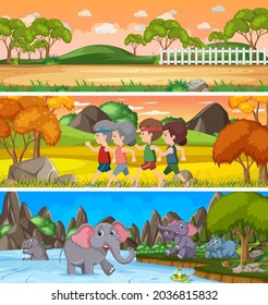 Different nature landscape at daytime scene with cartoon character illustration