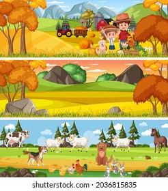Different nature landscape at daytime scene with cartoon character illustration