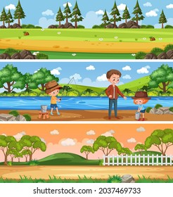 Different nature landscape at daytime scene with cartoon character illustration