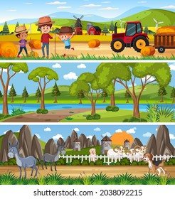Different nature landscape at daytime scene with cartoon character illustration