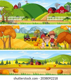 Different nature landscape at daytime scene with cartoon character illustration