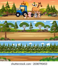 Different nature landscape at daytime scene with cartoon character illustration