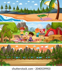 Different nature landscape at daytime scene with cartoon character illustration