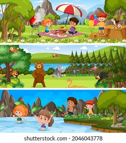 Different nature landscape at daytime scene with cartoon character illustration