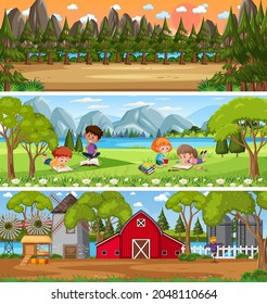 Different nature landscape at daytime scene with cartoon character illustration