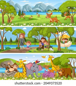Different nature landscape at daytime scene with cartoon character illustration