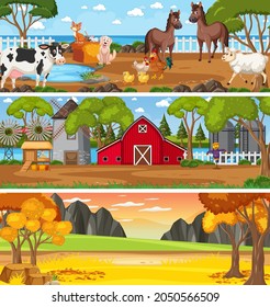 Different nature landscape at daytime scene with cartoon character illustration