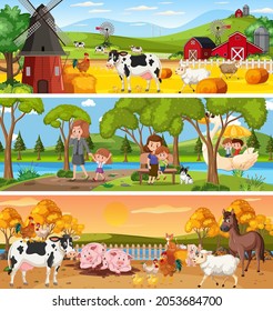Different nature landscape at daytime scene with cartoon character illustration
