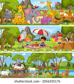 Different nature landscape at daytime scene with cartoon character illustration