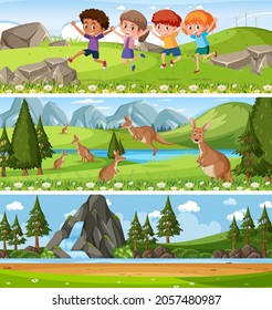 Different nature landscape at daytime scene with cartoon character illustration