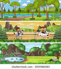 Different nature landscape at daytime scene with cartoon character illustration