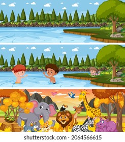 Different nature landscape at daytime scene with cartoon character illustration