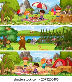 Different nature landscape at daytime scene with cartoon character illustration