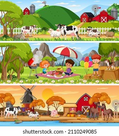 Different nature landscape at daytime scene with cartoon character illustration