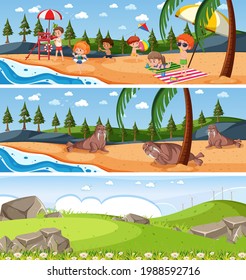 Different nature landscape scene set with cartoon character illustration