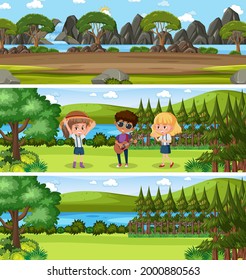Escena paisajística de naturaleza diferente con ilustración de caricatura