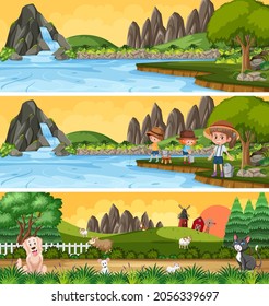 Different nature landscape scene set with cartoon character illustration