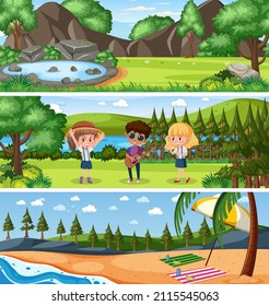Different nature landscape scene set with cartoon character illustration