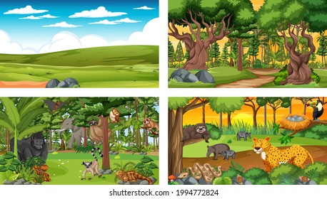 Different nature scenes of forest and rainforest with wild animals illustration