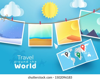 Different nature view scenery photos hanging with location world map, paper cut cloudy and sun on blue background for Travel Around The World.