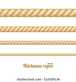 Different Nautical Twine Brown Thickness Rope Set Isolated on a Light Background. Vector illustration of twisted thick knot lines. Graphic string cord for borders.