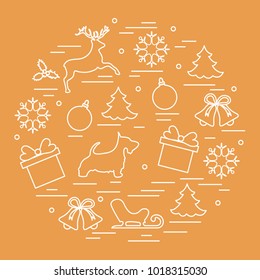 Different new year and christmas symbols. Winter elements. Design for postcard, banner and print.